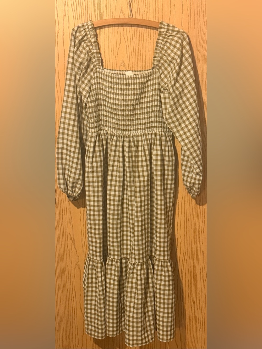 Smocked Gingham Maxi Dress in Olive Green - Picture 2 of 4